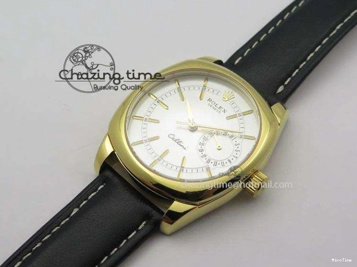MiroTime 0114 Stylish Cellini Date YG White Stick Dial On Black Leather Strap A 3881